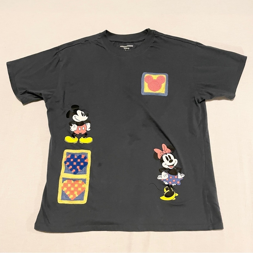 Disney Mickey & Minnie Mouse Crochet Patch T-Shirt Charcoal Grey Large